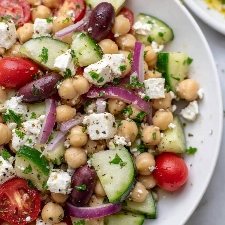 Fresh and flavorful Mediterranean Chickpea Salad, showcasing crisp vegetables and a bright lemon dressing that looks delicious.