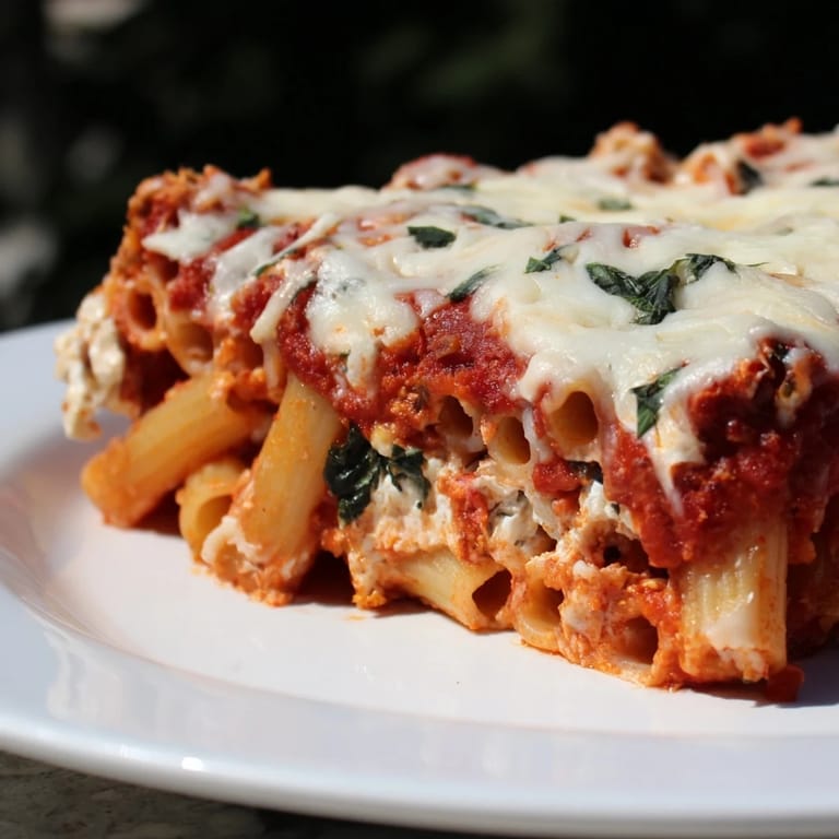 Golden-brown, cheesy baked ziti bubbling in a dish, ready to serve for a comforting Italian meal.