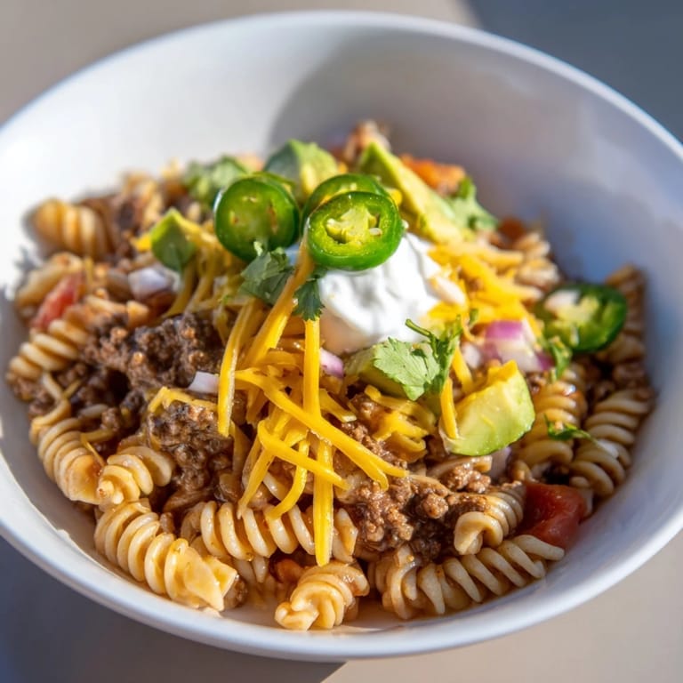 A sizzling photo of Beef Taco Pasta Skillet, a creamy Tex-Mex dish perfect for a weeknight dinner.