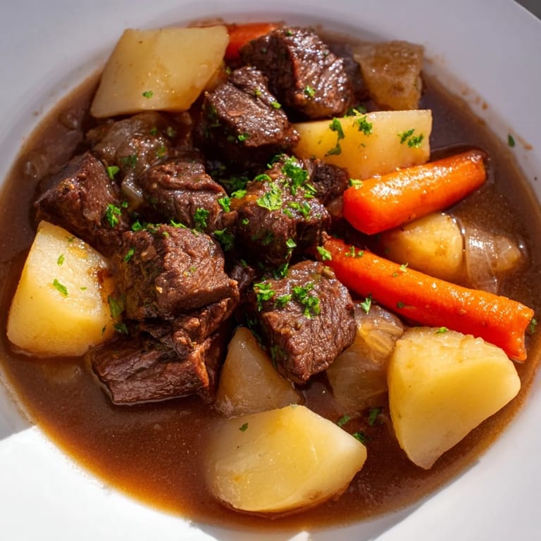 Close-up of golden-brown Irish Beef Stew, with chunks of beef and potatoes in a rich broth.