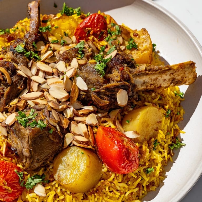 Steaming Palestinian Maqluba, a Middle Eastern layered rice dish with savory meat and inviting aromas.