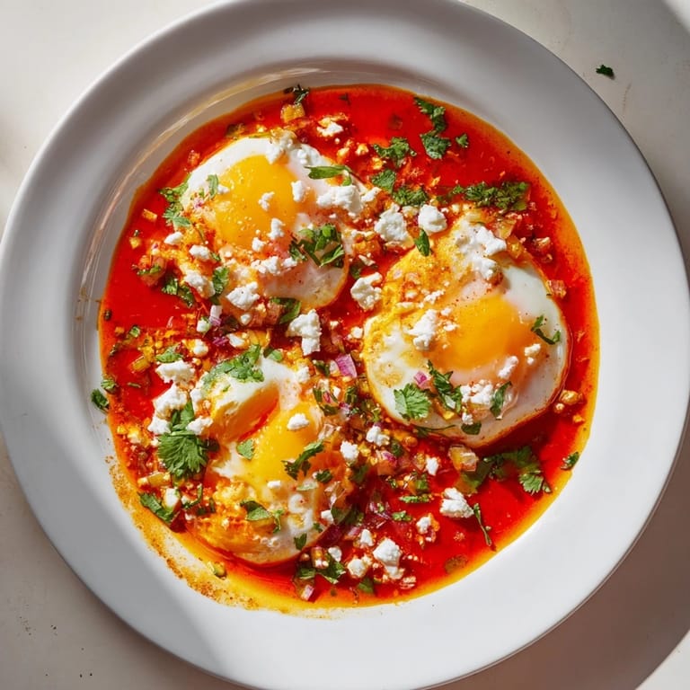 A skillet of Israeli Shakshuka, eggs perfectly poached in a flavorful tomato and pepper base.