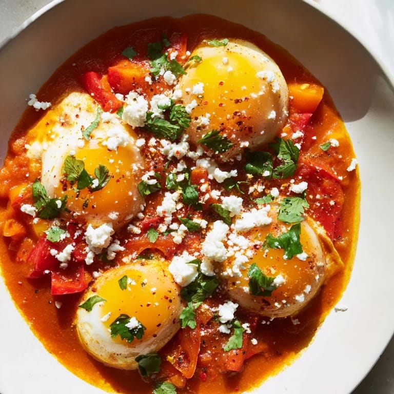 Freshly garnished Israeli Shakshuka, ideal for dipping warm pita bread into the delicious sauce.