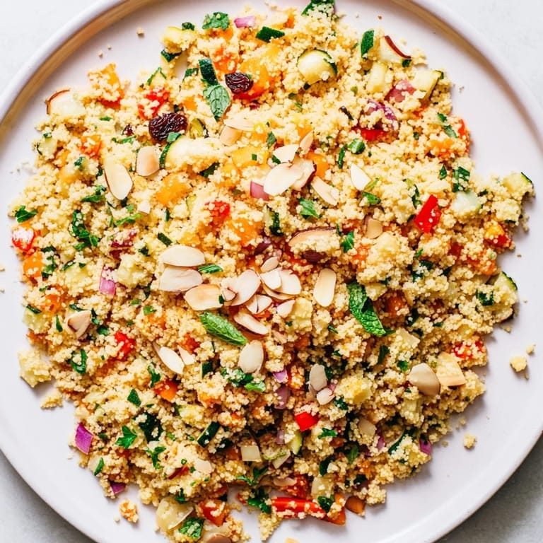 A bright, refreshing bowl of Moroccan couscous salad showcasing plump couscous and tender veggies.