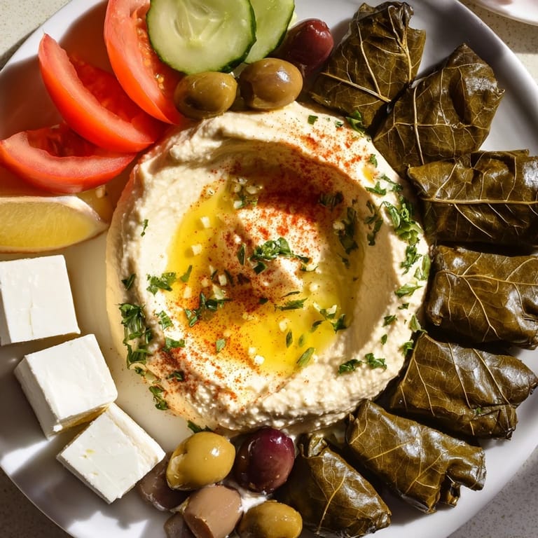 Bright photo of a Turkish Meze Platter showcasing feta, dolmas, and a generous assortment of flavorful offerings.