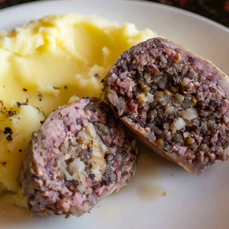 A close-up of steaming Scottish haggis, showing its rich texture and savory smell alongside neeps.