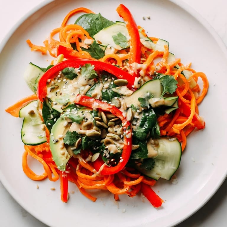 Enjoy a healthy and delicious Carrot Noodle Skincare Bowl, bursting with zesty tahini dressing.