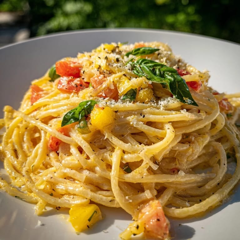 A close-up view of steaming roasted garlic pasta sauce, garnished with fresh basil leaves and Parmesan.
