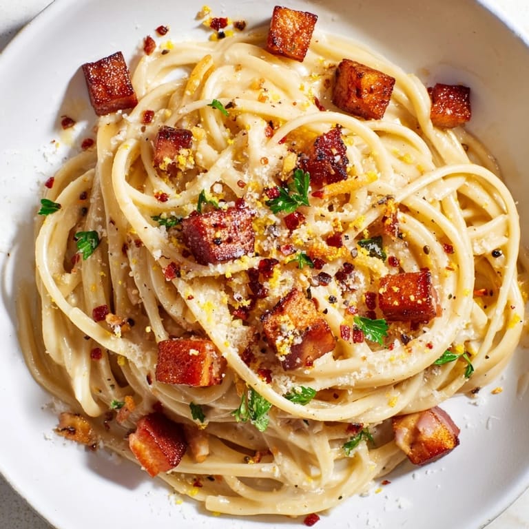 Close-up of freshly made Crispy Bacon Linguine glistening with olive oil and Parmesan cheese.