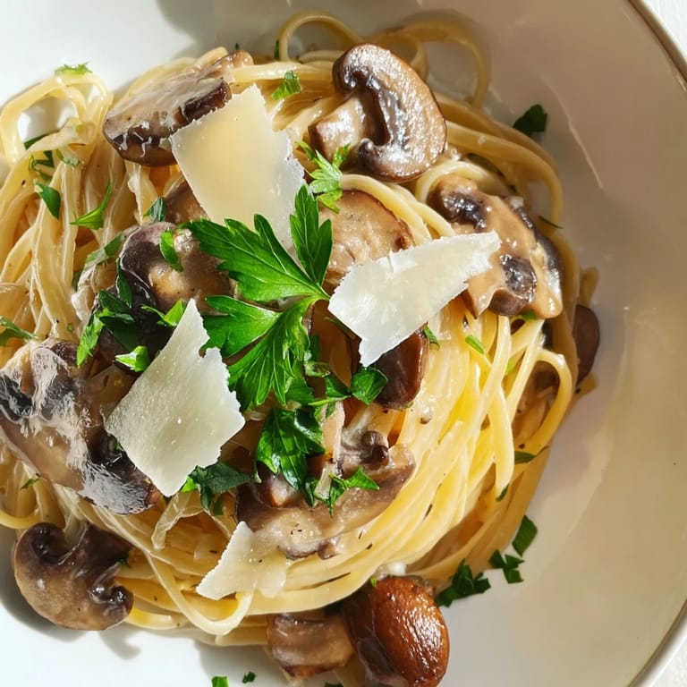 A steaming bowl of Creamy Mushroom Linguine, with glistening pasta and tender mushrooms, perfect for dinner.