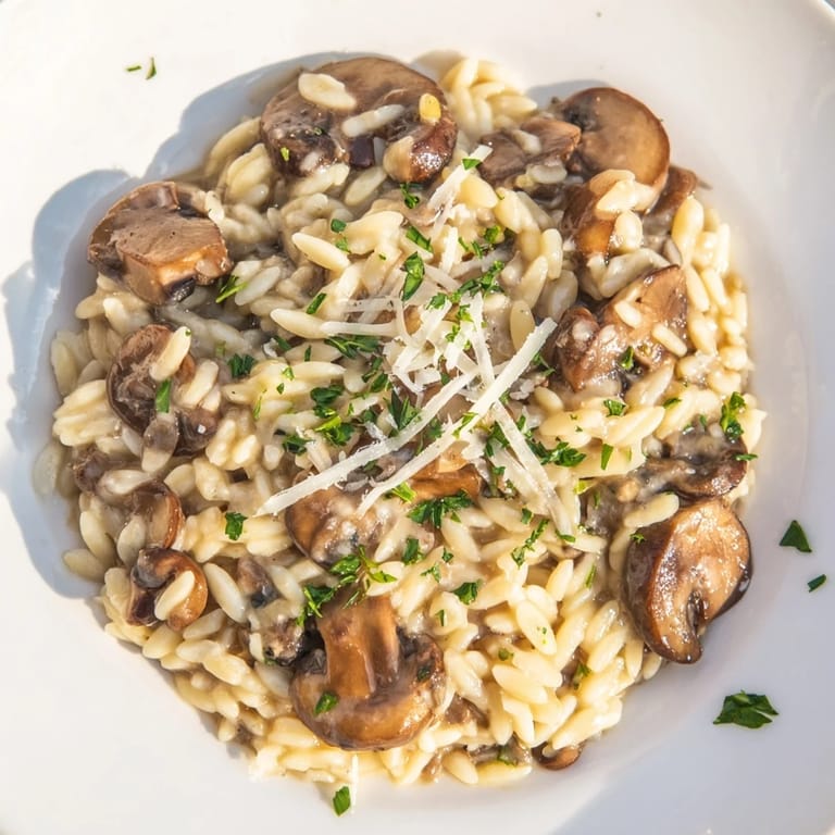 A steaming bowl of orzo mushroom risotto-style with visible mushrooms and fresh parsley; a vegetarian delight.