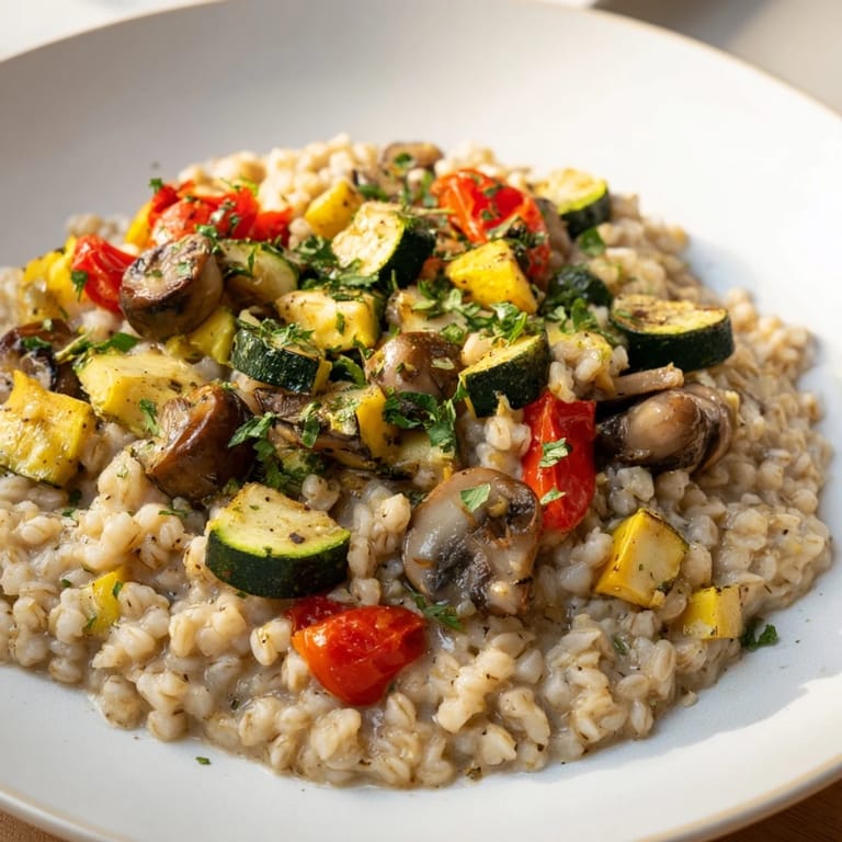 Wholesome pearled barley bowl, topped with colorful roasted vegetables, ready for a delicious meal.