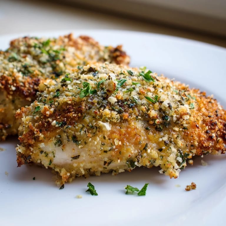 A close-up of delicious, juicy Roasted Garlic Parmesan Chicken with a bubbly, golden crust.