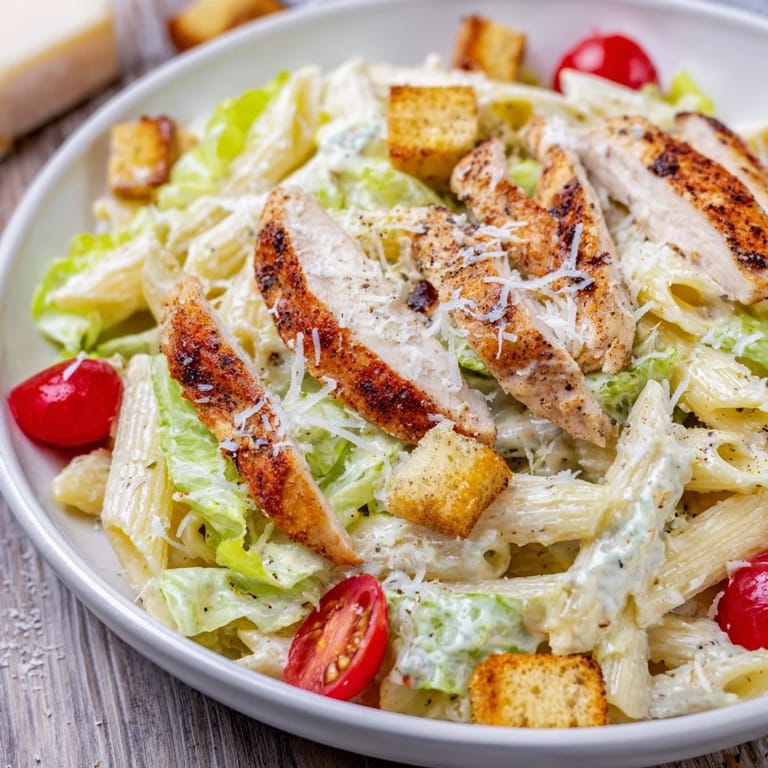 Close-up of freshly plated spicy chicken caesar pasta with juicy tomatoes and grated parmesan cheese.