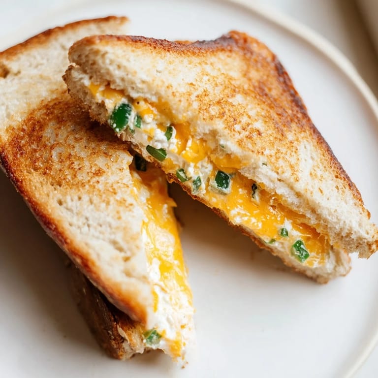 Buttery, toasted bread surrounds creamy, cheddar-filled Jalapeño Popper Grilled Cheese, ready to be sliced.