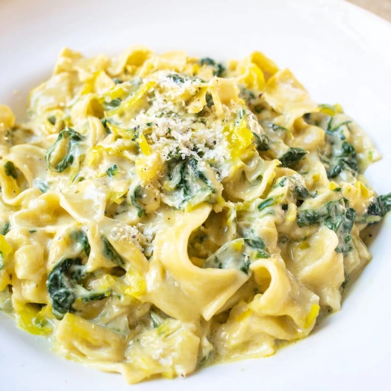 A close-up of plated creamy spinach garlic noodles, garnished with Parmesan for added flavor.
