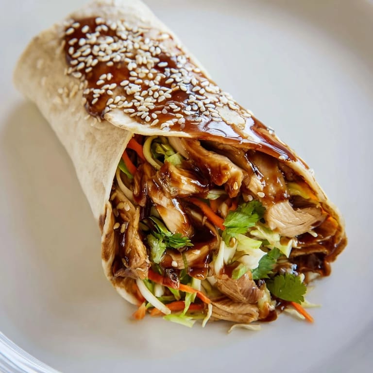 Glazed teriyaki chicken wraps, ready to eat, served with sesame seeds, a quick and easy lunch idea.
