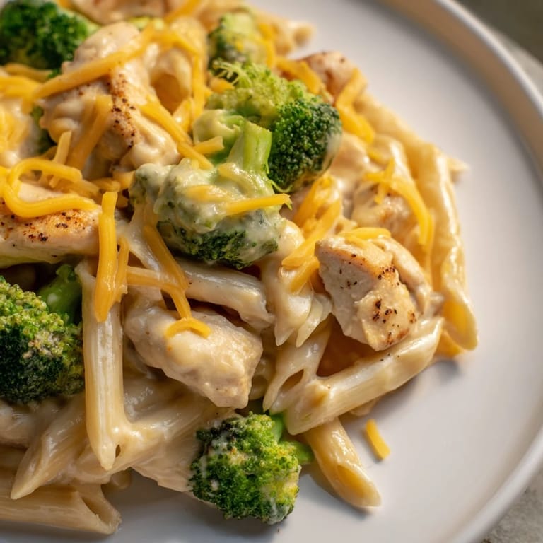Close-up of golden Chicken Broccoli Cheddar Pasta, perfect for a cozy, family-friendly dinner.
