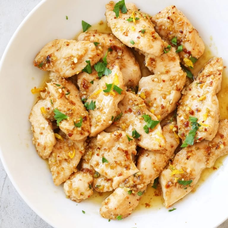Close-up of juicy lemon pepper chicken breasts, seared with a bright lemon-pepper sauce, a flavorful American meal.