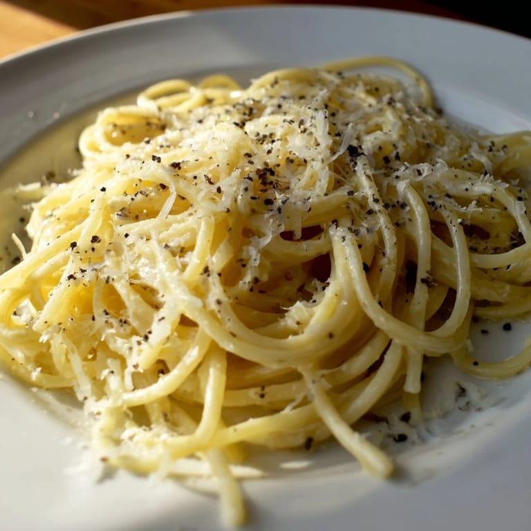 Mouthwatering, easy-to-make Spaghetti Cacio e Pepe showcasing a simple, flavorful Italian dish.