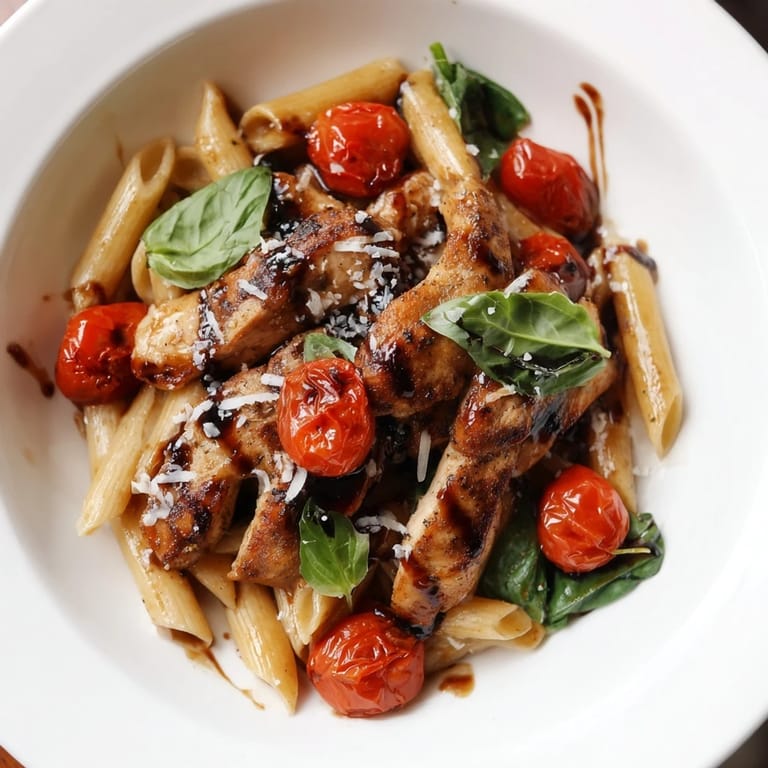 Delectable Balsamic Glazed Chicken Pasta with fresh basil and Parmesan, perfect for a flavorful Italian-inspired dinner.