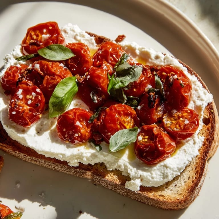 Creamy homemade whipped ricotta and sweet roasted tomatoes grace fresh Tomato Ricotta Toast slices, perfect midday snack.