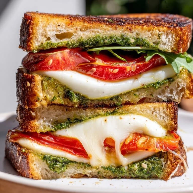 A close-up of a rustic Roasted Tomato Pesto Grilled Cheese sandwich with melted cheese and roasted tomatoes.