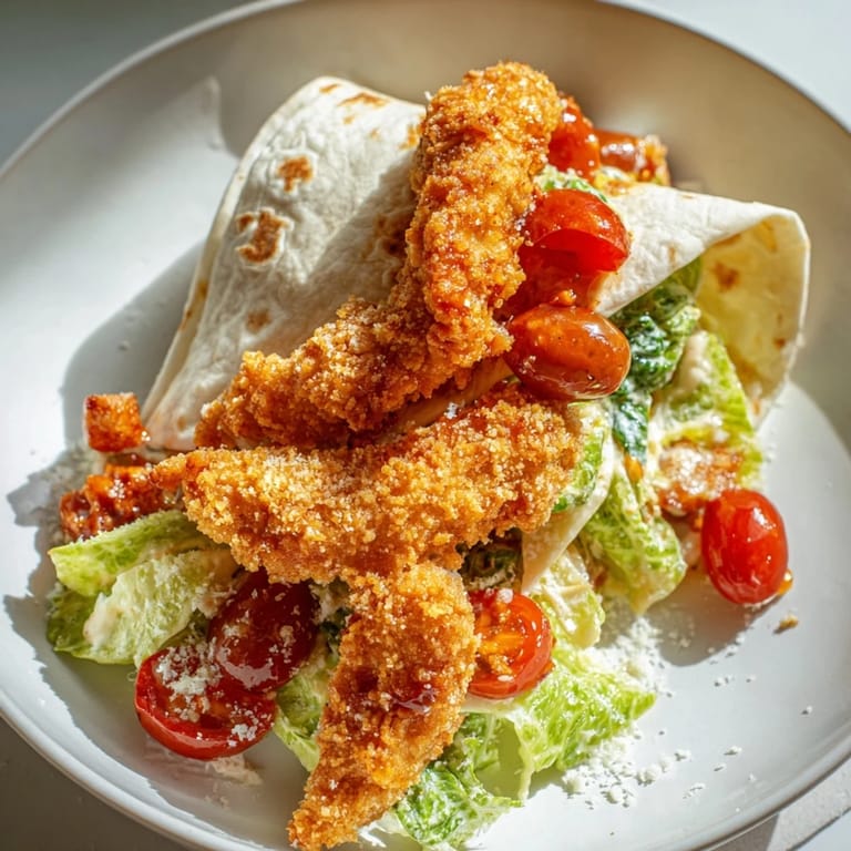 Savory hot honey chicken Caesar wraps, a handheld delight with crispy, spicy chicken inside.