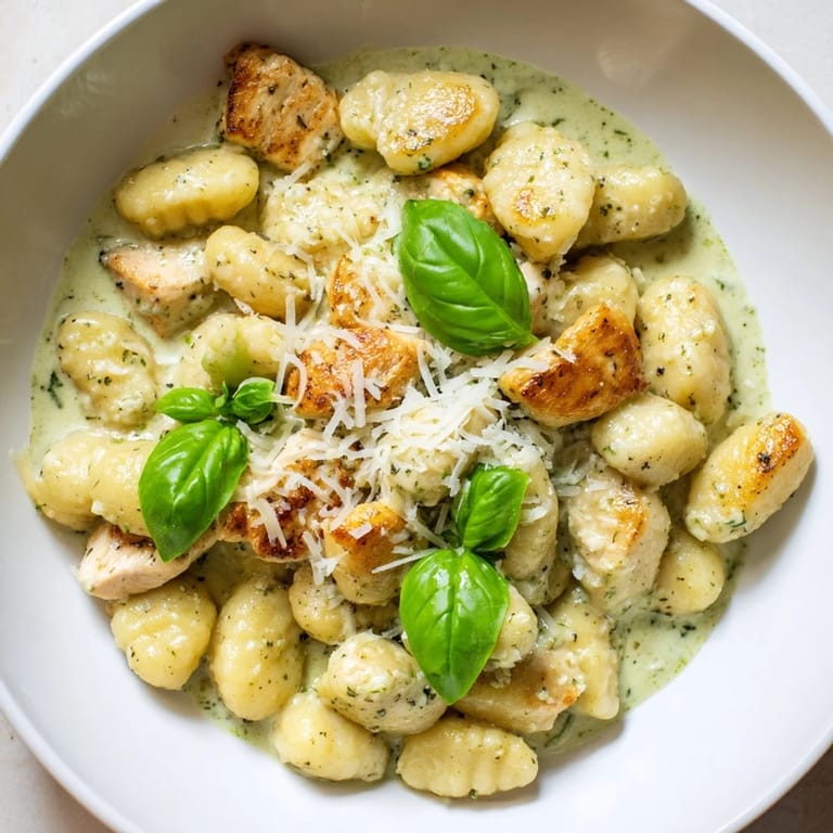 A beautiful bowl of creamy pesto gnocchi with chicken, ready to be enjoyed.