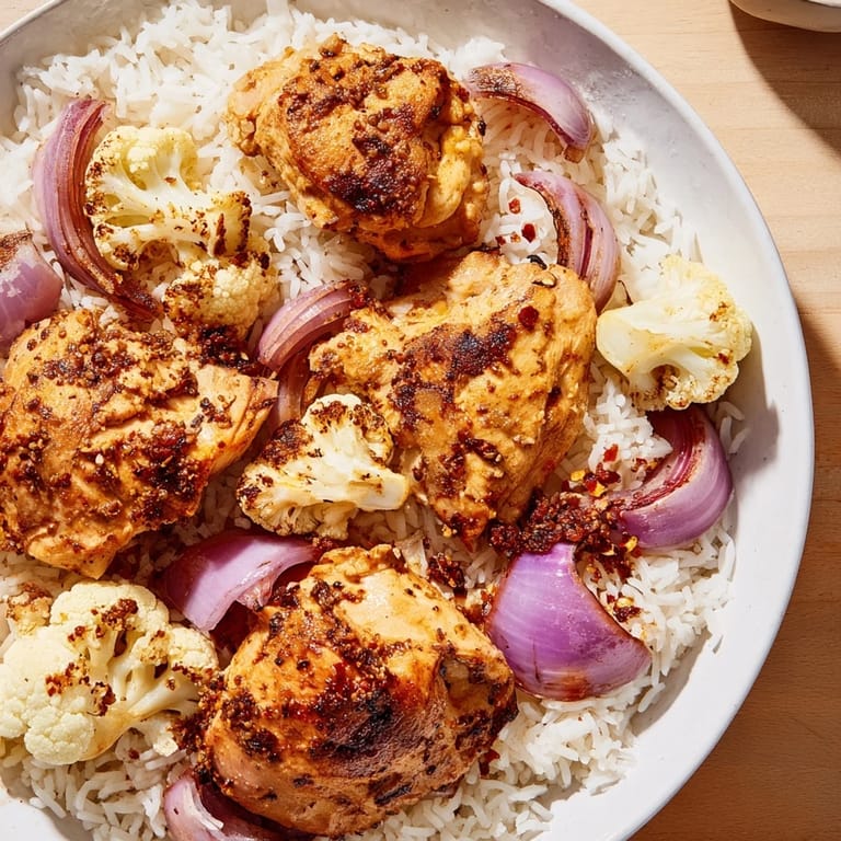 Sheet pan of flavorful roasted cauliflower chicken, chicken glistening, alongside aromatic caramelized red onion and florets.