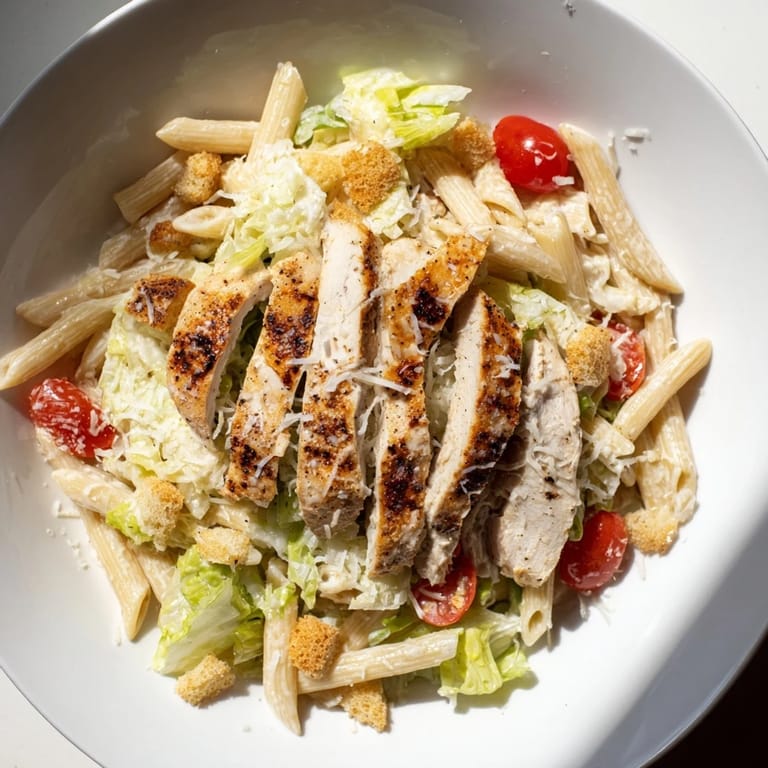 A flavorful Caesar Pasta Chicken Bowl ready to enjoy, with tender chicken and Parmesan cheese for a perfect lunch.