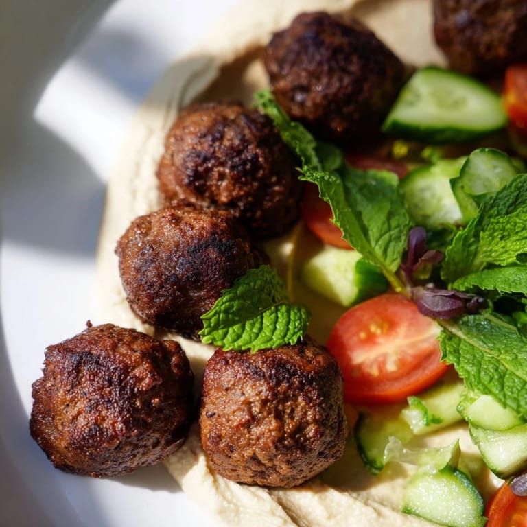 Plate of spiced venison meatballs with a colorful chopped salad and smooth hummus, ready for a healthy weeknight meal.