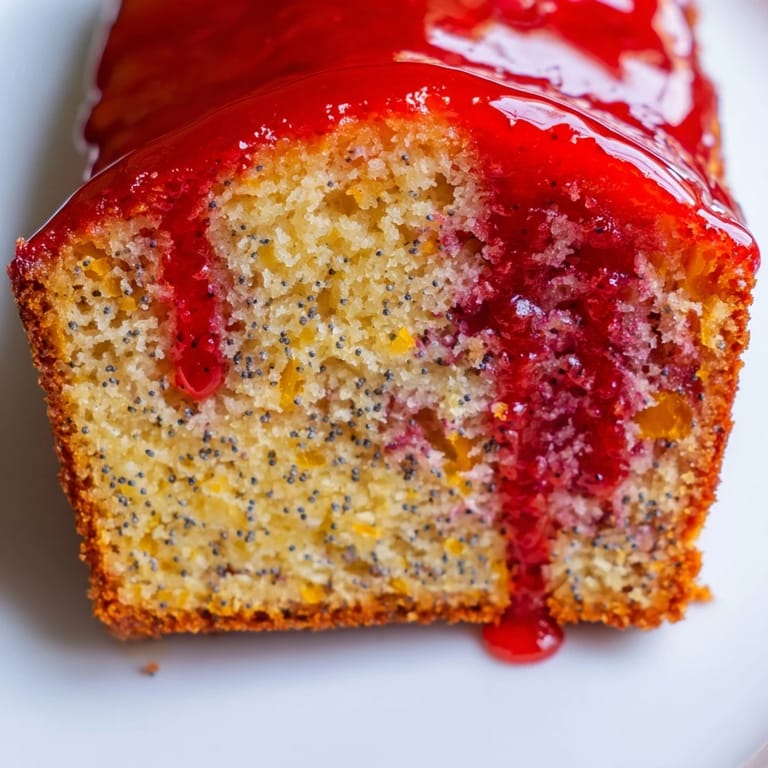 A slice of moist blood orange loaf cake reveals marzipan swirls, poppy seeds, and a tender crumb on a white plate.  