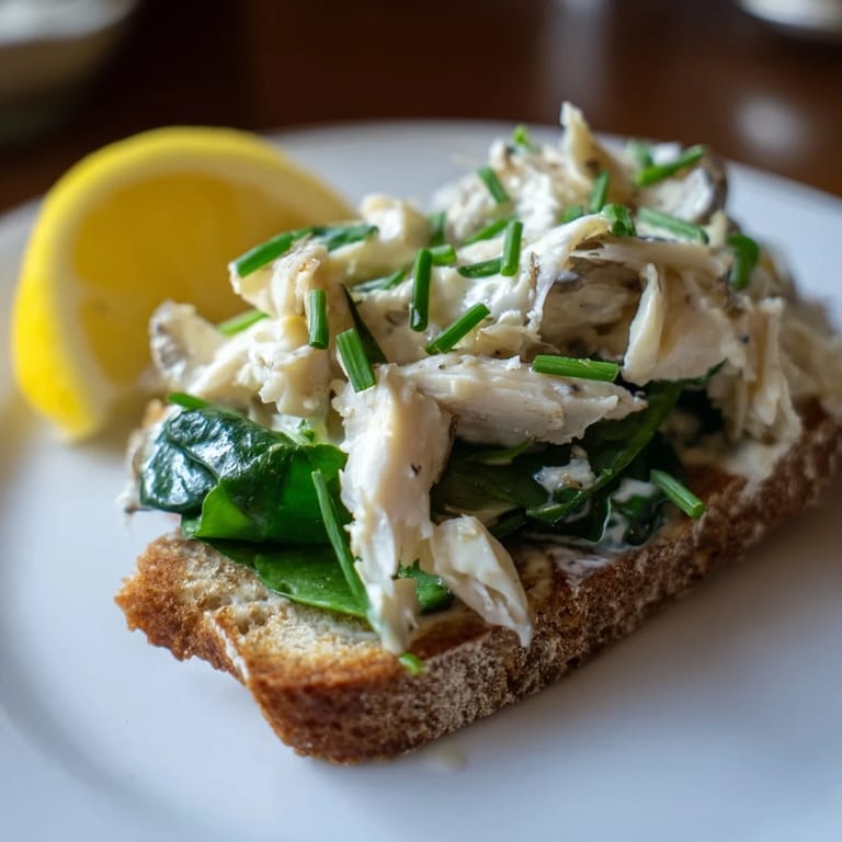 Close-up of smoked haddock rye toasts, featuring tender fish and fresh chives alongside a bright lemon wedge for serving.