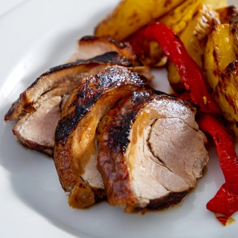 Overhead view of a complete Spanish meal: marinated Ibérico pork fillet with potatoes and peppers on a white plate.