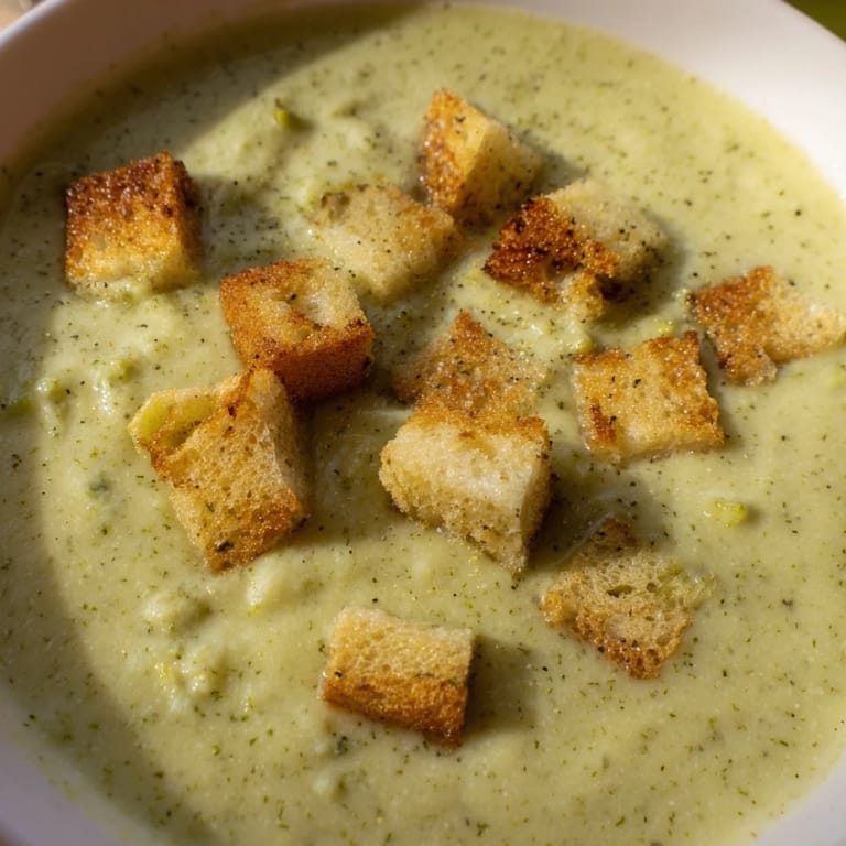 Warm cauliflower and broccoli soup with tender vegetables and garlic croutons, ready to serve.
