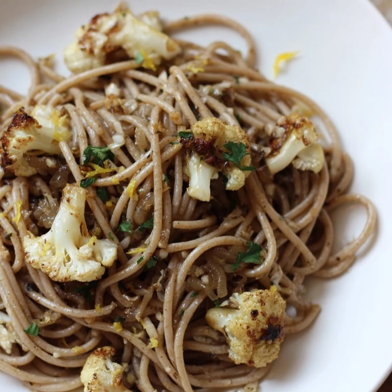 Golden roasted cauliflower florets and anchovy spaghetti with raisins, capers, and lemon zest for a savory-sweet bite.  