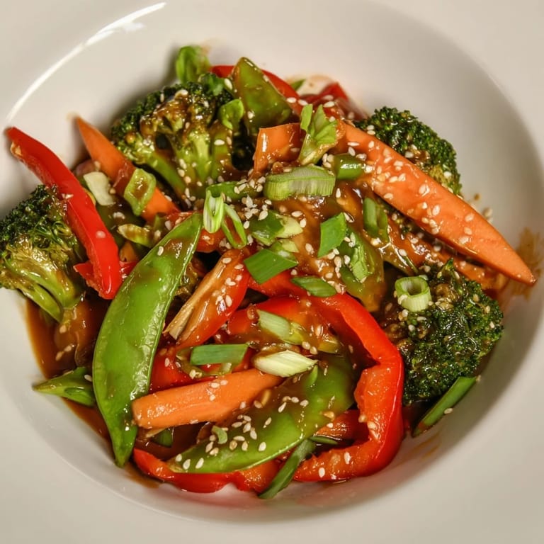 A vibrant platter of Ginger Stir-Fried Vegetables garnished with green onions and toasted sesame seeds, ready to serve.