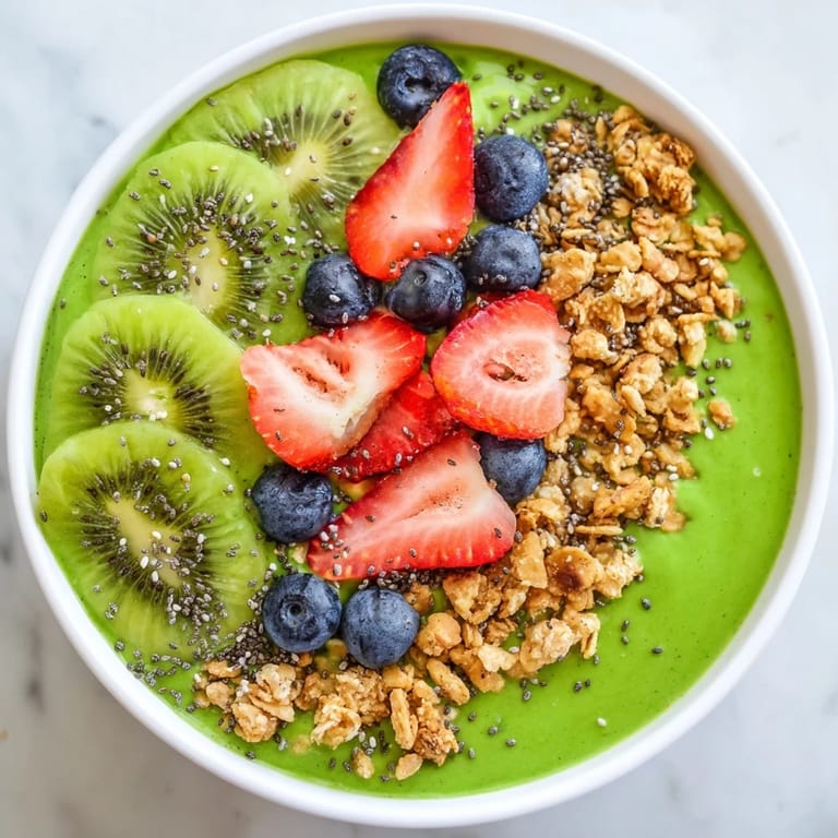 Two Green Smoothie Bowls with creamy spinach, tropical fruit, and a sprinkle of shredded coconut on a breakfast table.  