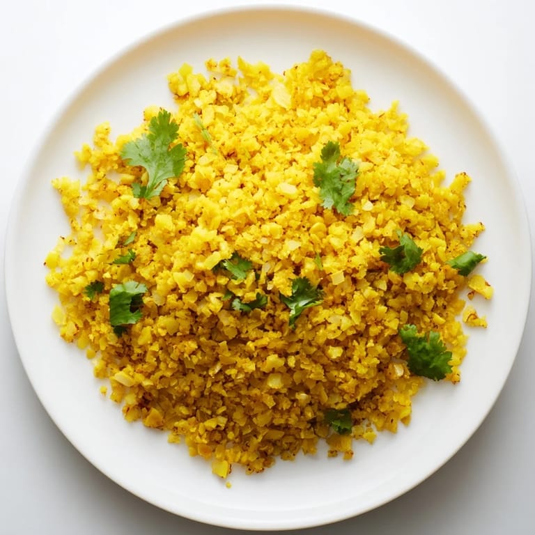 Brightly colored Turmeric Cauliflower Rice tossed with fresh parsley, showcasing fluffy grains as a low-carb alternative to traditional rice.