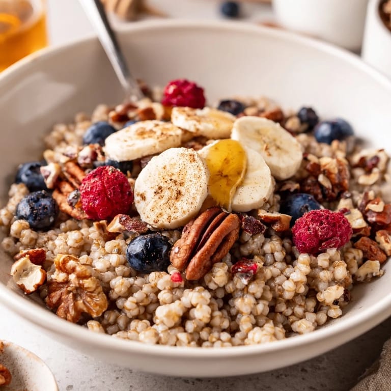 Healthy buckwheat groats breakfast served with plant-based milk, cinnamon, and vibrant fruit, creating a wholesome and colorful start to your day.