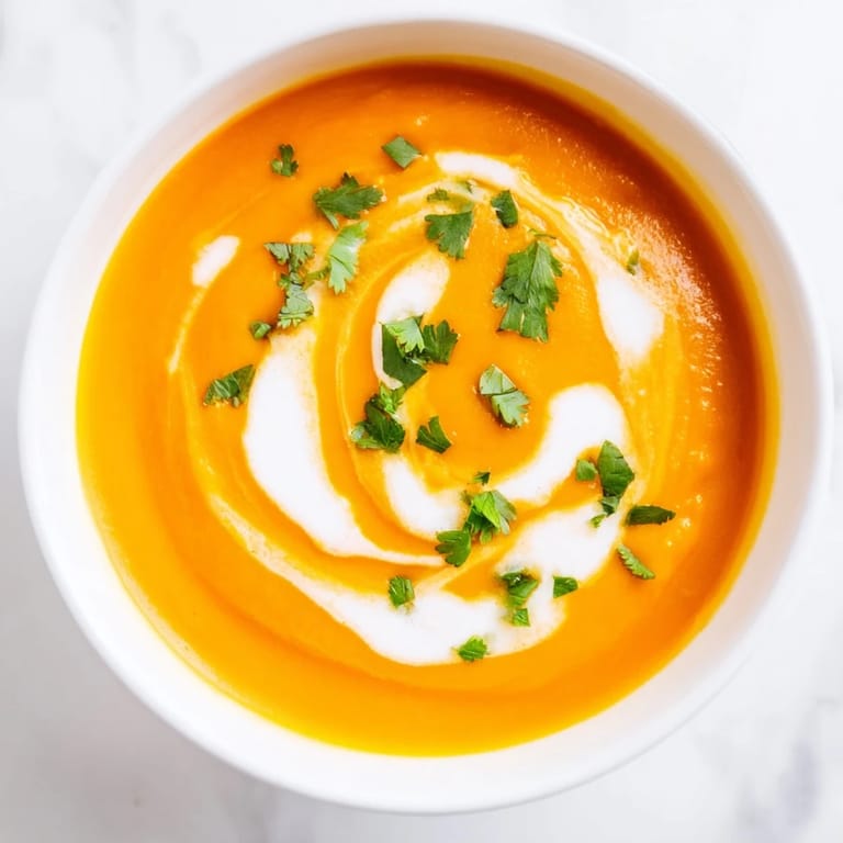 Warm and comforting homemade Carrot Ginger Soup with a bright orange hue and fresh herb garnish.