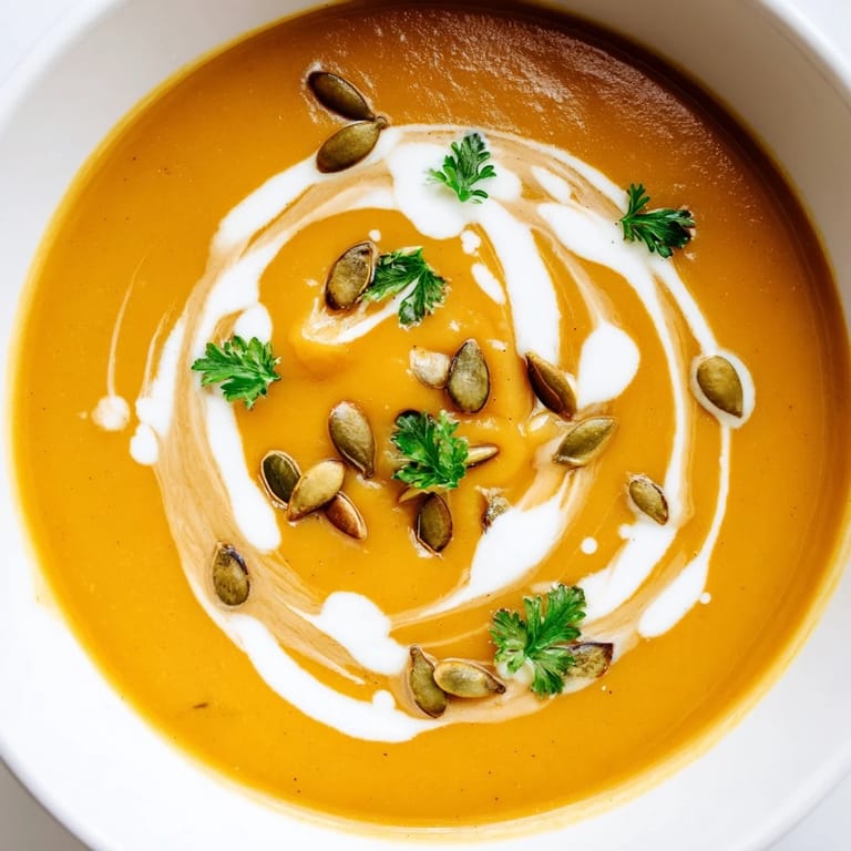 Smooth, velvety Butternut Squash and Apple Soup in a white ceramic bowl, garnished with a swirl of cream.