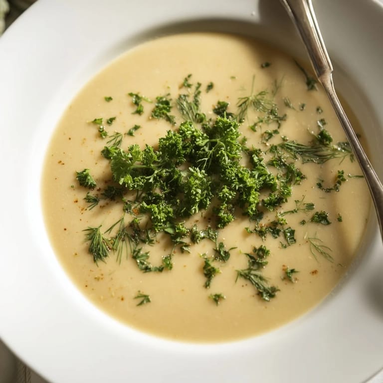 A comforting bowl of parsnip and herb soup, topped with fresh chives and parsley, ready to enjoy.