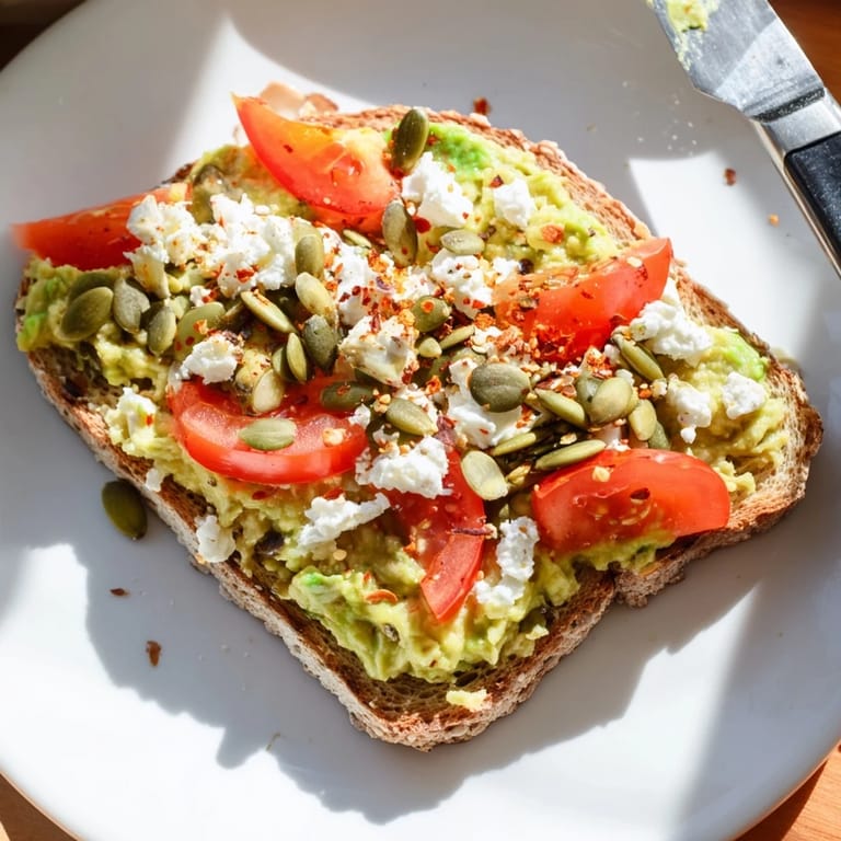 Hearty avocado toast on whole grain bread, served with pumpkin seeds and lemon for a bright, nutritious snack or quick breakfast.