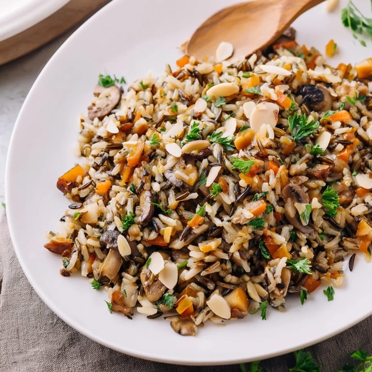 Warm Wild Rice and Mushroom Pilaf served in a rustic bowl, topped with crunchy toasted almonds and fresh thyme.