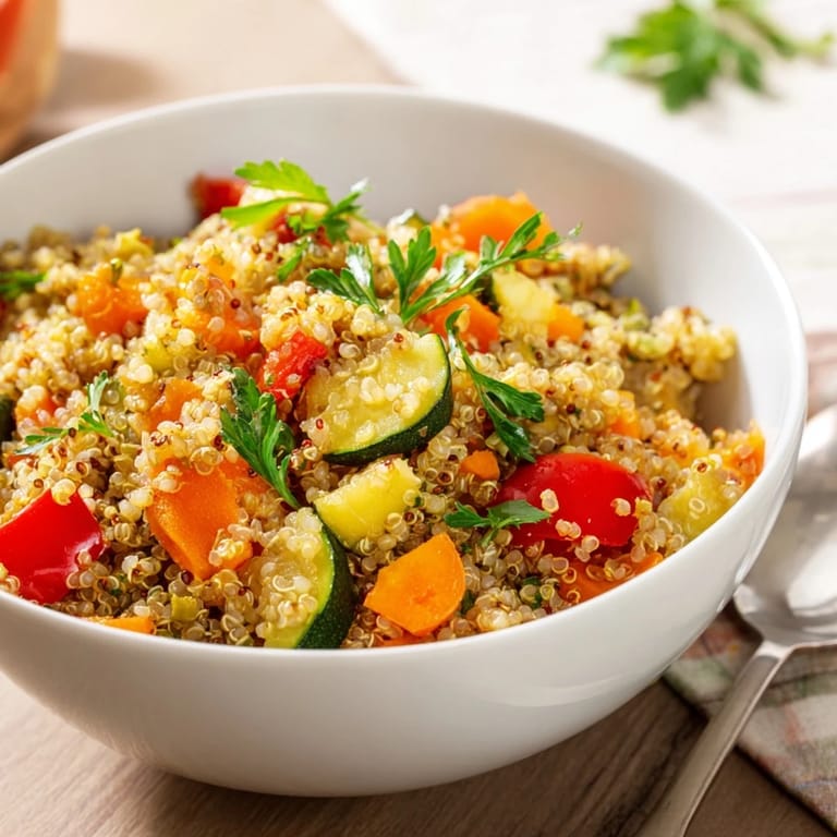 Hearty quinoa vegetable pilaf served warm, mixed with aromatic herbs and colorful cherry tomatoes.