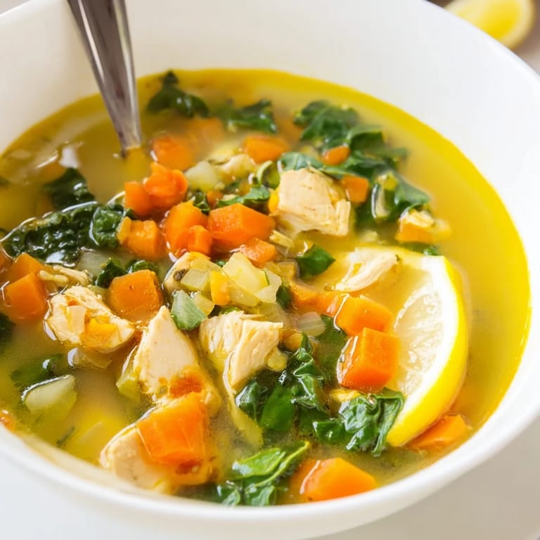 A close-up of High Protein Lemon and Turmeric Chicken Soup garnished with fresh parsley and bright lemon wedges for a zesty finish.  