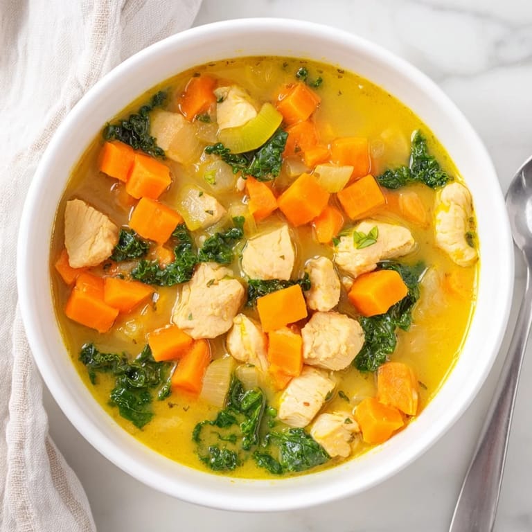 Hearty High Protein Lemon and Turmeric Chicken Soup served in a rustic mug, showcasing vibrant orange broth and diced carrots.