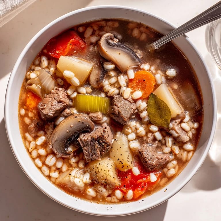 A ladle lifts wholesome vegetable beef barley and mushroom soup, showcasing diced carrots, potatoes, and celery in a comforting, steaming bowl.